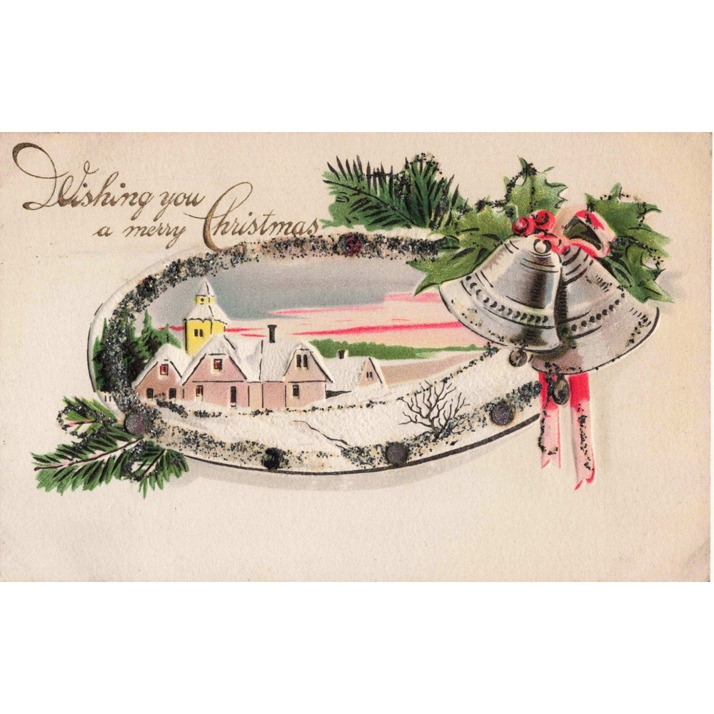 Vintage 1914 Embossed Christmas Postcard Snowy Village Silver Bells Series 117 - Picture 1 of 2